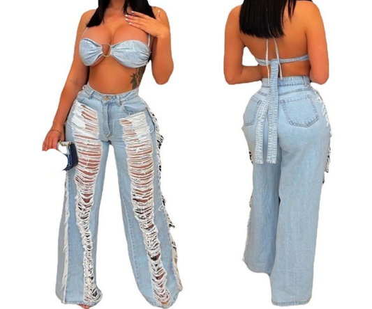 Supa Star Crop Bra Top And Ripped Fringe Trousers Two-Piece Set
