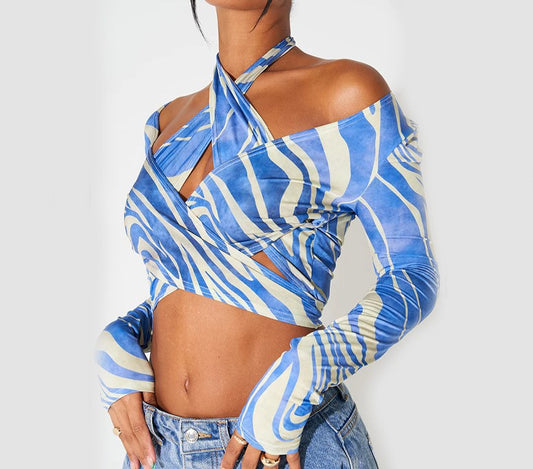 Lux Blue Print Halter Neck Long-Sleeved